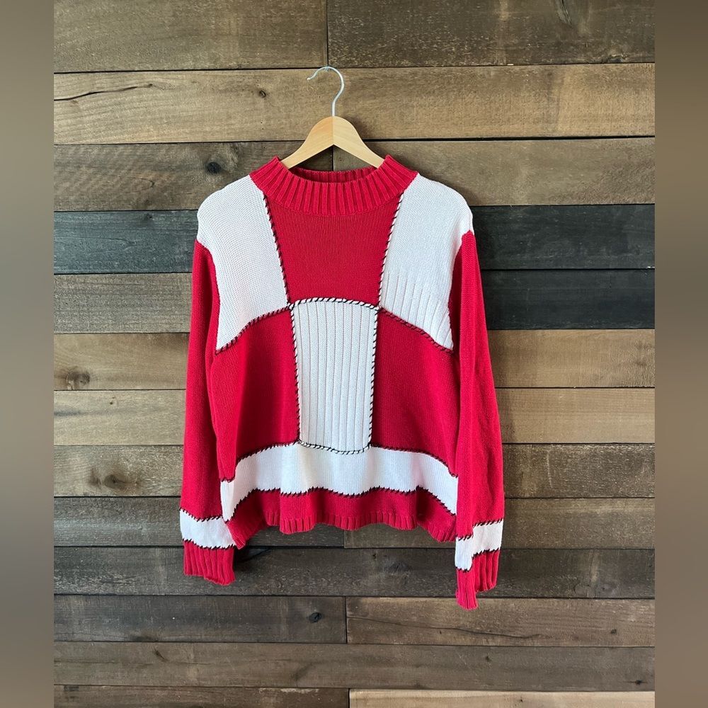 Vintage Liz Claiborne Lizsport Red White Patchwork Knit Sweater Cotton L - Picture 2 of 9